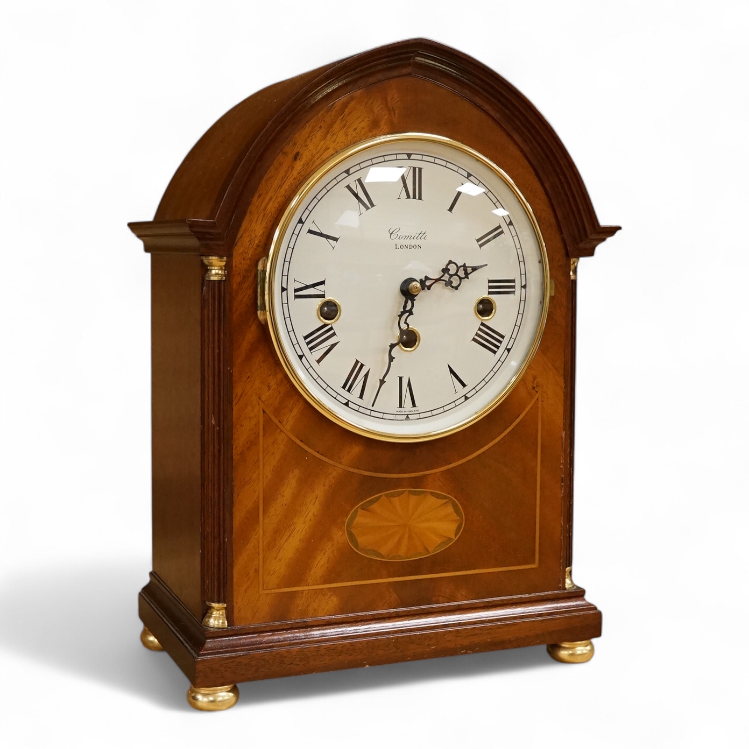 A Cometti inlaid mahogany mantel clock, with key, 31cm high